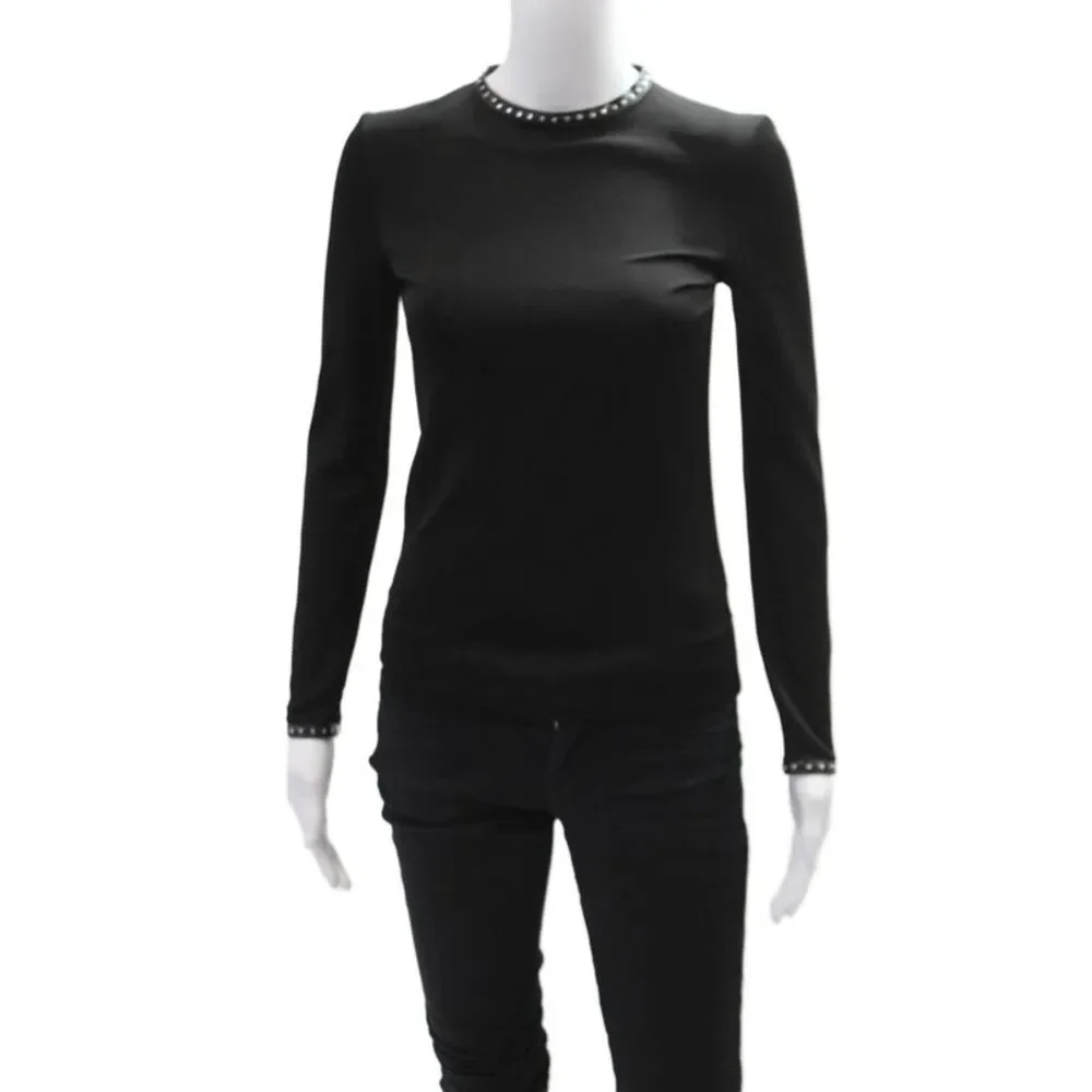 Helmut Lang Womens Textured Long Sleeve Beaded Sleek Top Black Size XS